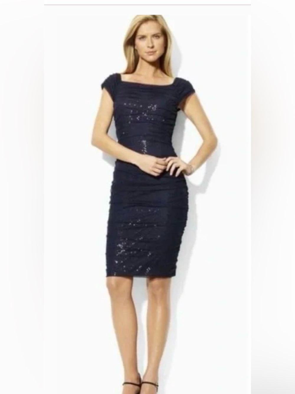 Lauren Ralph Lauren Evening Dress NWT Navy midi Cocktail Sequin Mesh 4
